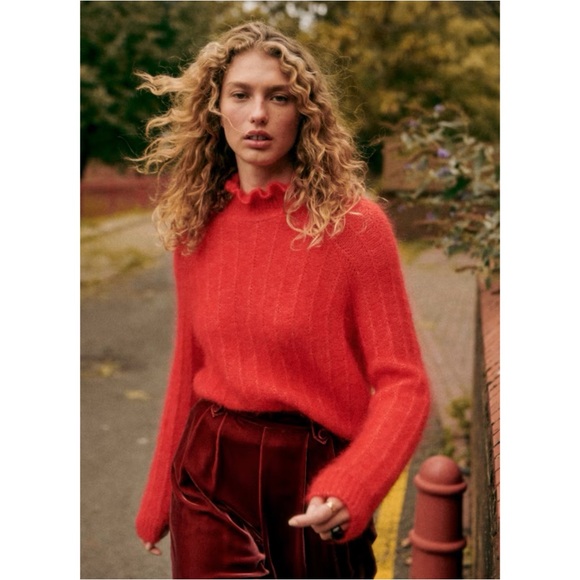 SEZANE Bright Red Mohair Merino Wool Knit Ruffle High Neck Sweater Loris Jumper - Picture 15 of 15